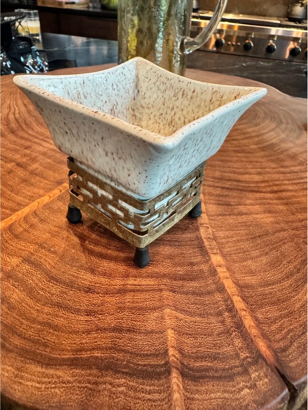 Vintage MCM Shawnee Chantilly Square Ceramic Planter Brass Stand 3.5"